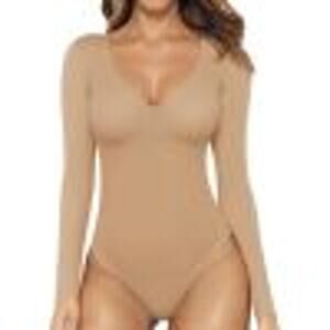 MANGOPOP Deep V Neck Long Sleeve Bodysuit for Women Clothing Mocha Size Small